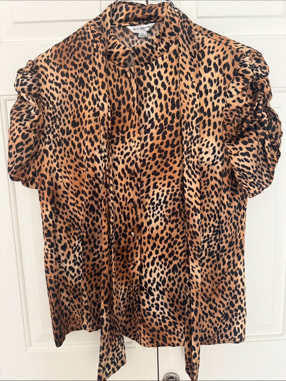 St. John Leopard Silk Tie-Neck Short Sleeve Blouse